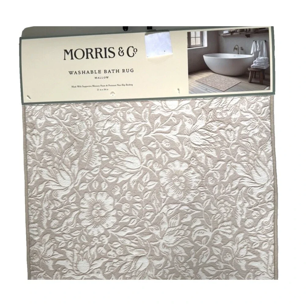 Morris & Co Bathmat Mallow Floral Beige Washable Memory Foam Non-skid